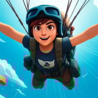 A cartoon character in a blue helmet and green backpack flying through the air.